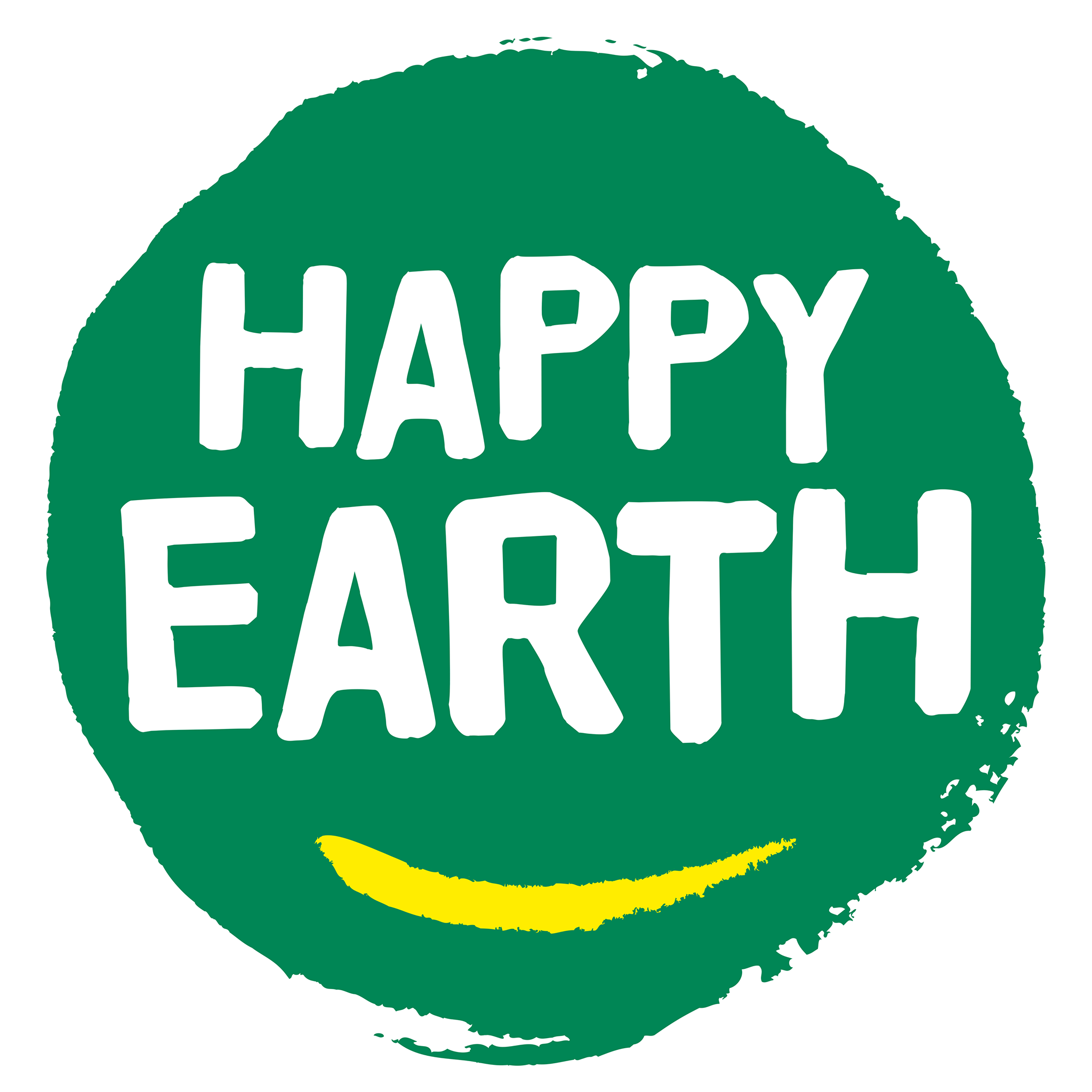 The logo of Happy Earth, it's a green circle, the text "Happy Earth" in white and a yellow line underneath, which resembles a smile.